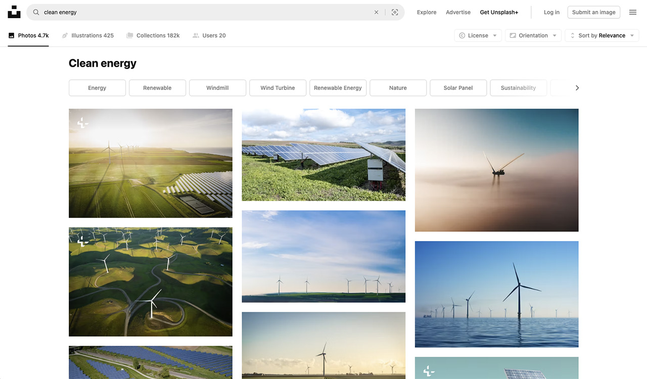 an image of the types of pictures that come up when you type "clean energy" into Unsplash